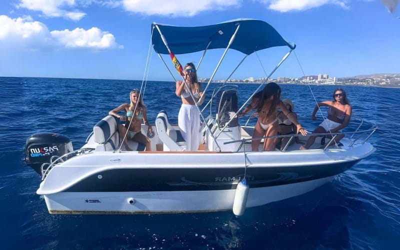 Puerto Colon: License-Free Self-Drive Boat in Tenerife - How the Boat Setup Works (GPS, Anchor, Canopy, Bluetooth)